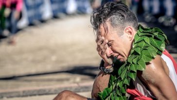 Sébastien Spehler à l'arrivée du Grand Trail du Festival des Templiers 2018